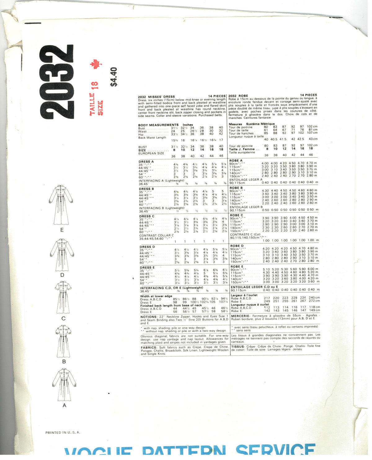 Vogue 2032 Basic Design Misses Dress Sewing Pattern - UNCUT - Size 18