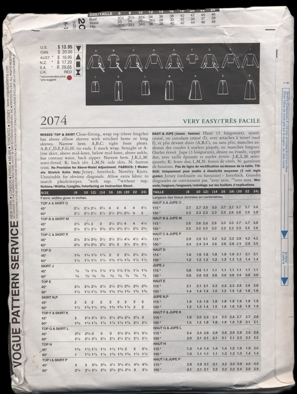 Vogue 2074 Misses Top and Skirt Sewing Pattern - UNCUT - 8 10 12