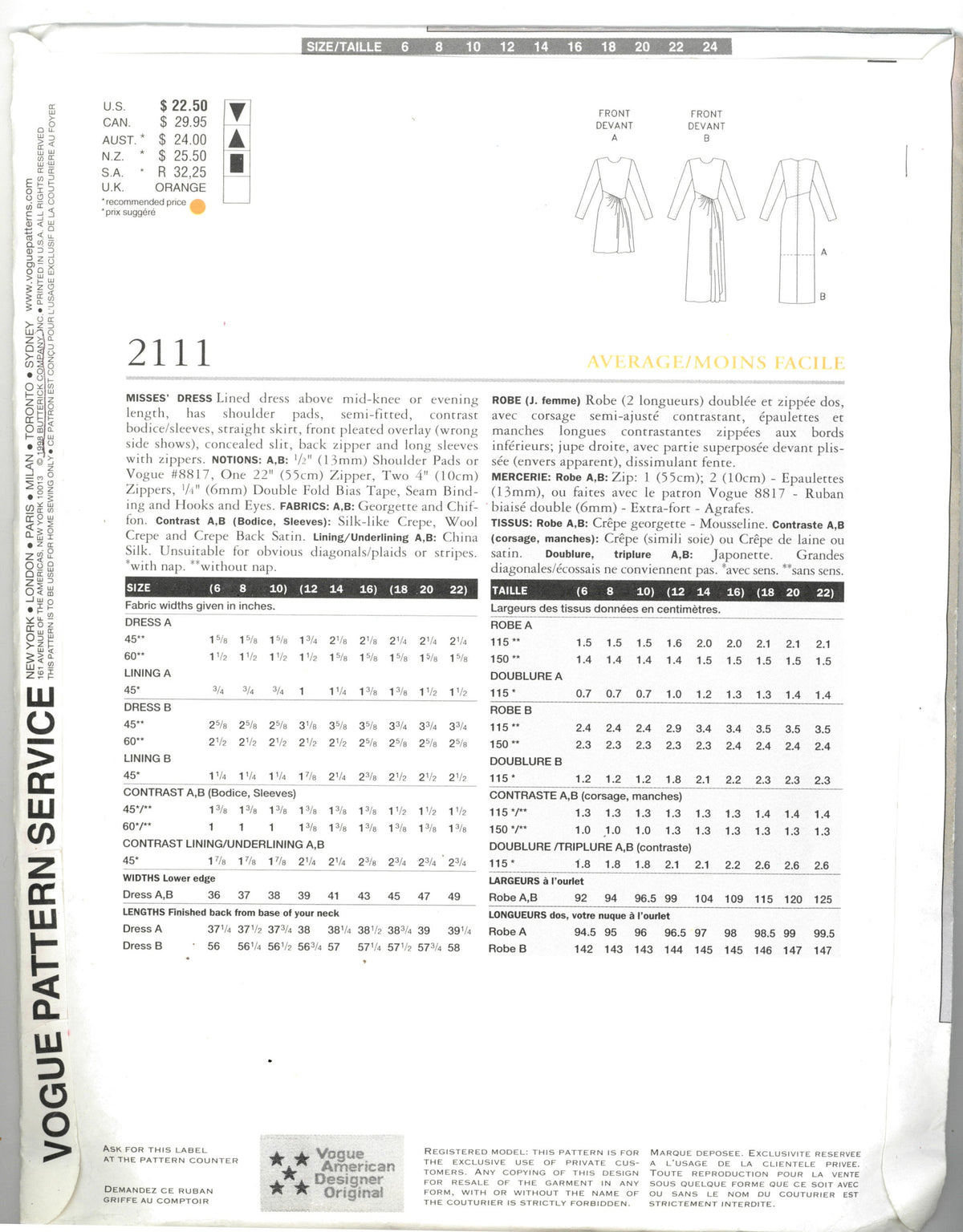 Vogue 2111 Carolina Herrera Misses Dress Sewing Pattern - UNCUT - Size 6 8 10