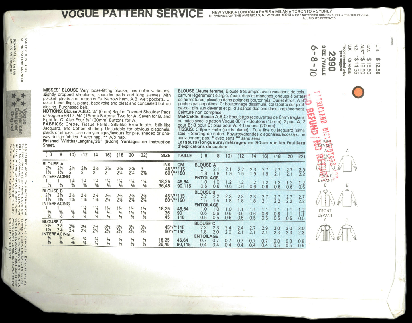 Vogue 2390 Anne Klein II  Misses Blouse Sewing Pattern - UNCUT - Size 6 8 10