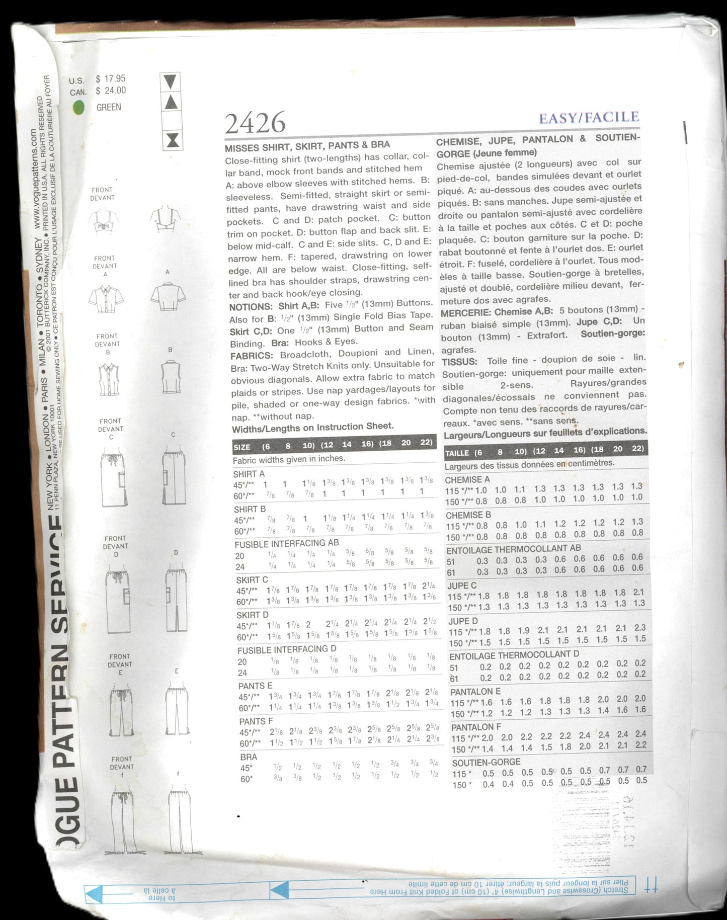 Vogue 2426 Misses Shirt Skirt Pants and Bra Sewing Pattern - UNCUT - Size 12 14 16