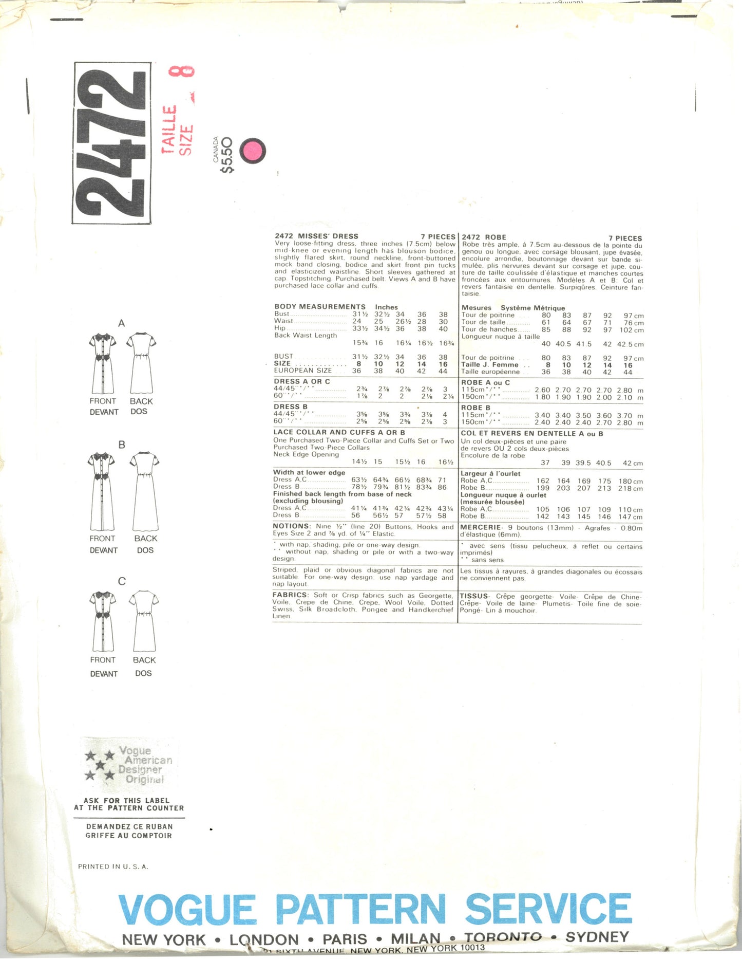 Vogue 2472 Albert Nipon Misses Dress Sewing Pattern - UNCUT - Size 8