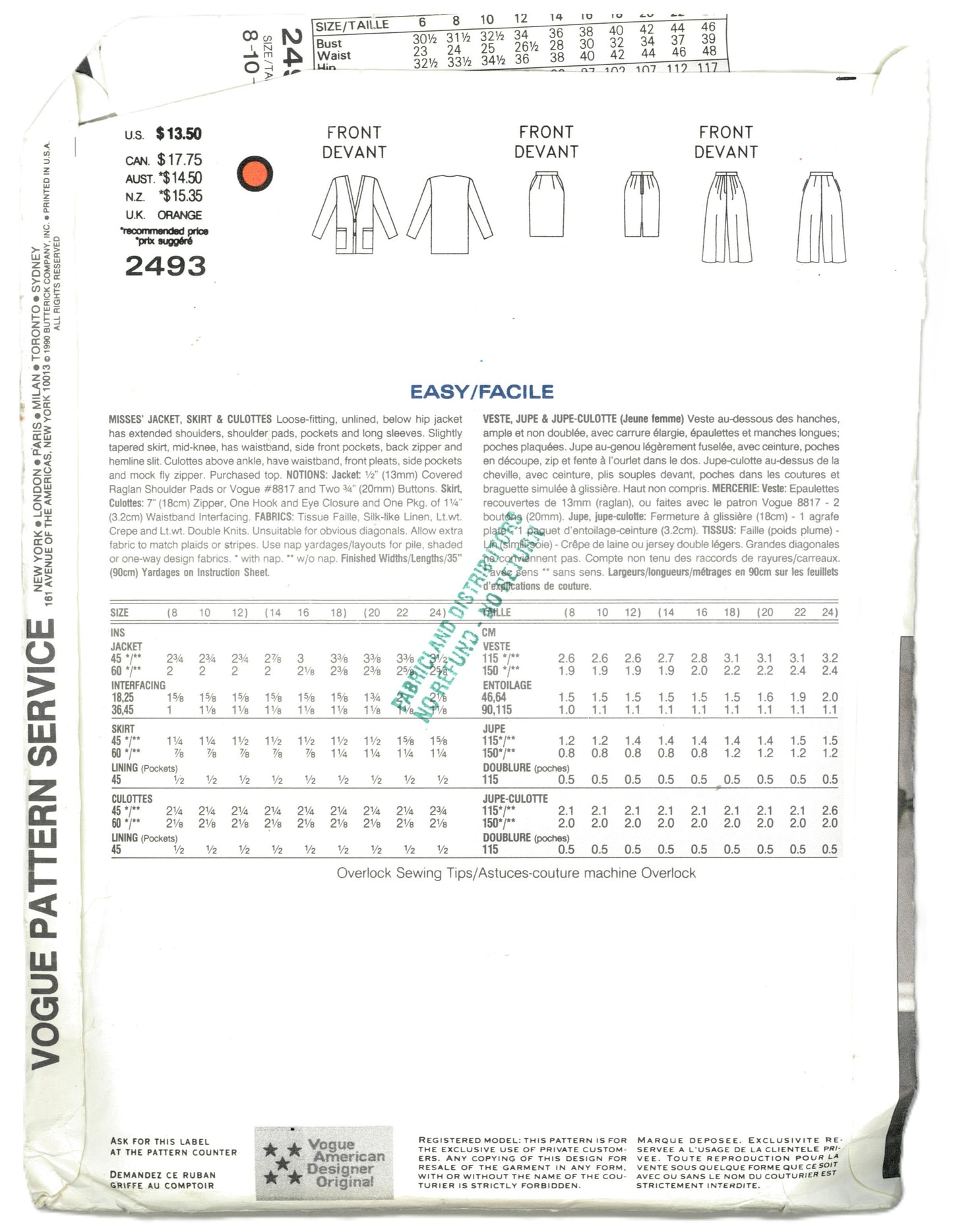 Vogue 2493 TAMOTSU Misses Jacket Skirt and Culottes Sewing Pattern - UNCUT - Size 8 10 12