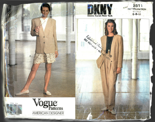Vogue 2511 Donna Karan DKNY Misses / Misses Petite Jacket Shorts and Pants Sewing Pattern - UNCUT -  Size 6 8 10
