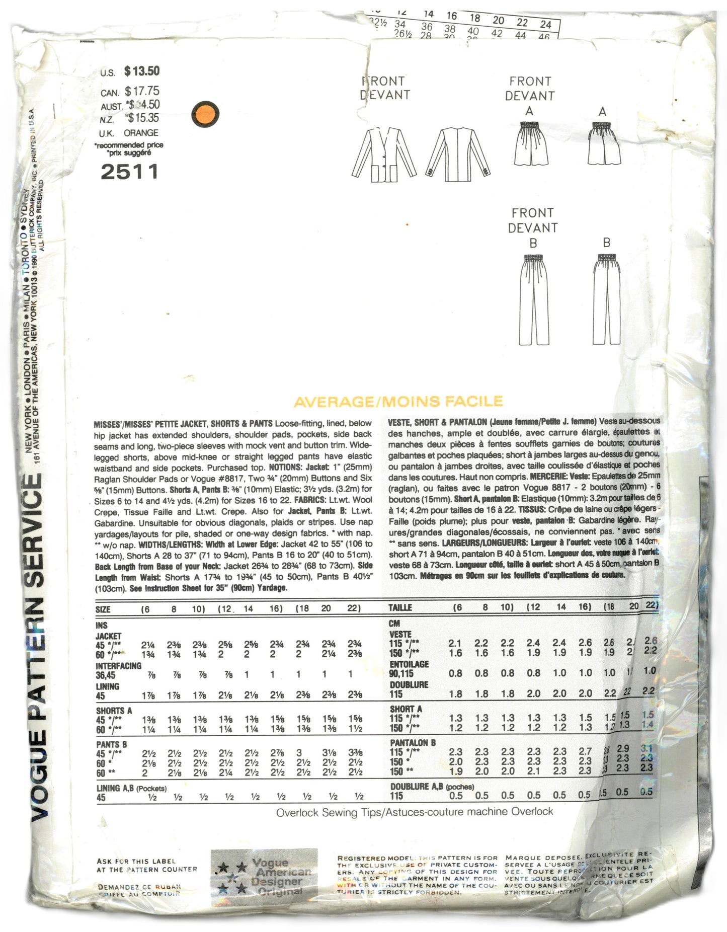 Vogue 2511 Donna Karan DKNY Misses / Misses Petite Jacket Shorts and Pants Sewing Pattern - UNCUT -  Size 6 8 10