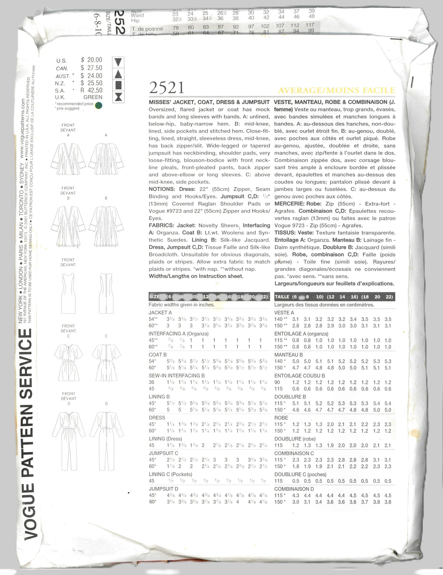 Vogue 2521 Misses B. Smith Jacket Coat Dress and Jumpsuit Sewing Pattern - UNCUT - Size 6 8 10