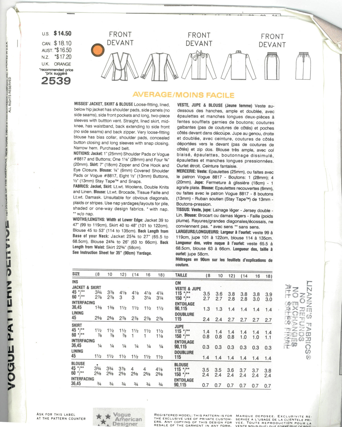 Vogue 2539 Oscar de la Renta Jacket Skirt and Blouse Sewing Pattern - UNCUT - Size 8 10 12