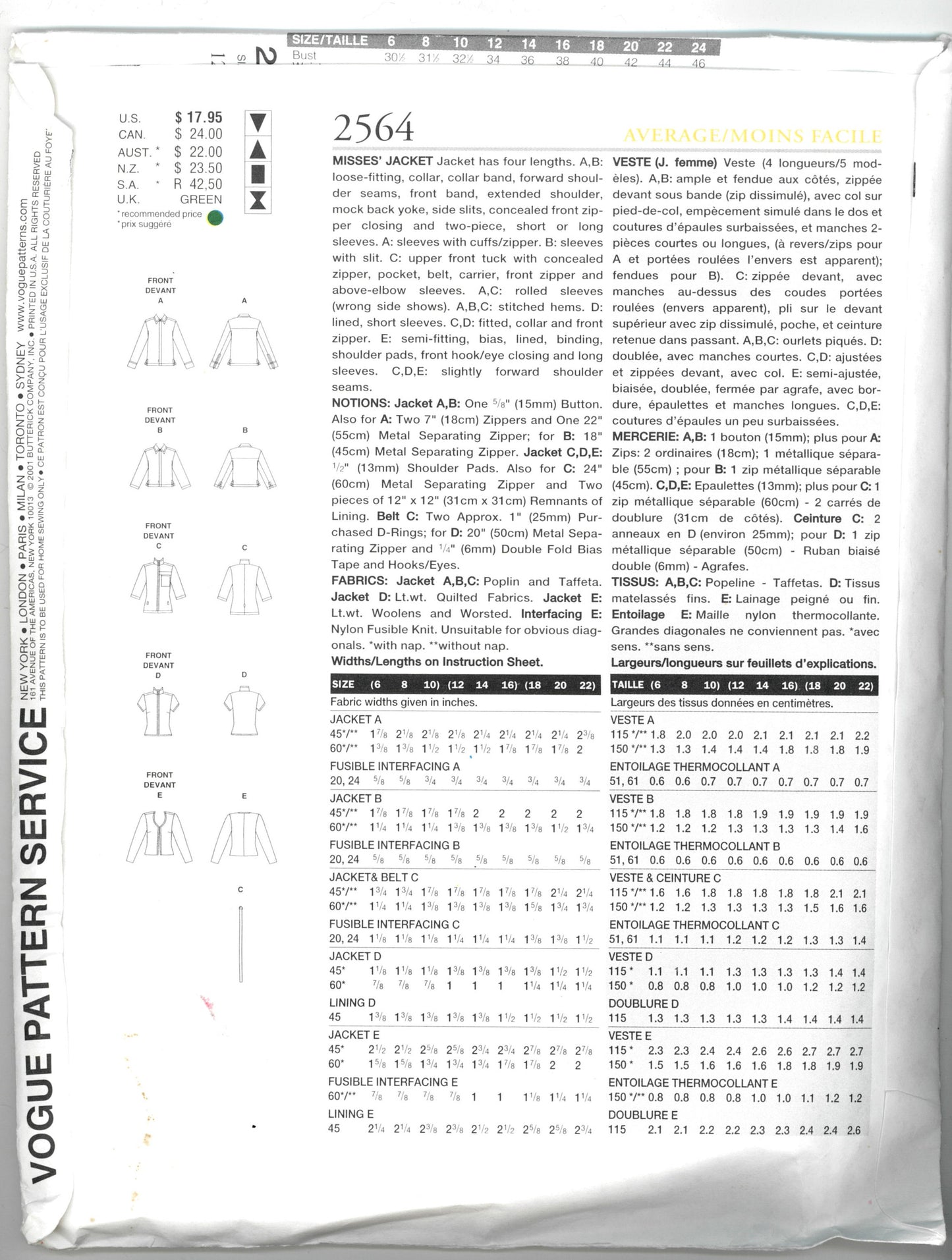 Vogue 2564 Misses Jacket Sewing Pattern - UNCUT - Size 12 14 16