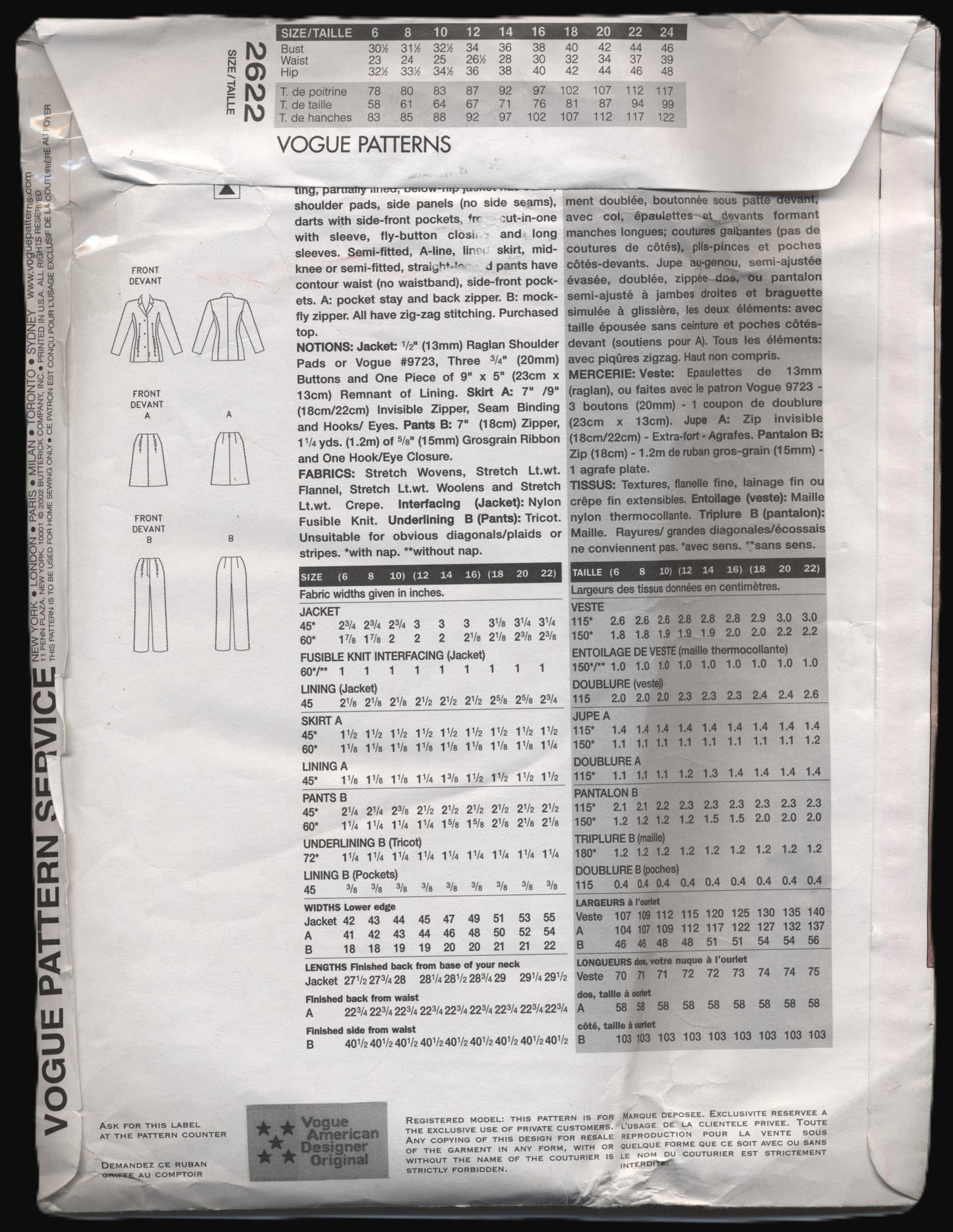 Vogue 2622 Anne Klein Misses Jacket Skirt and Pants Sewing Pattern - UNCUT - Size 18 20 22