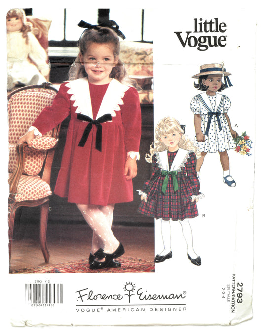Vogue 2793 Florence Eiserman Little Vogue Toddlers and Childrens Dress Sewing Pattern  - UNCUT - Size 2 3 4