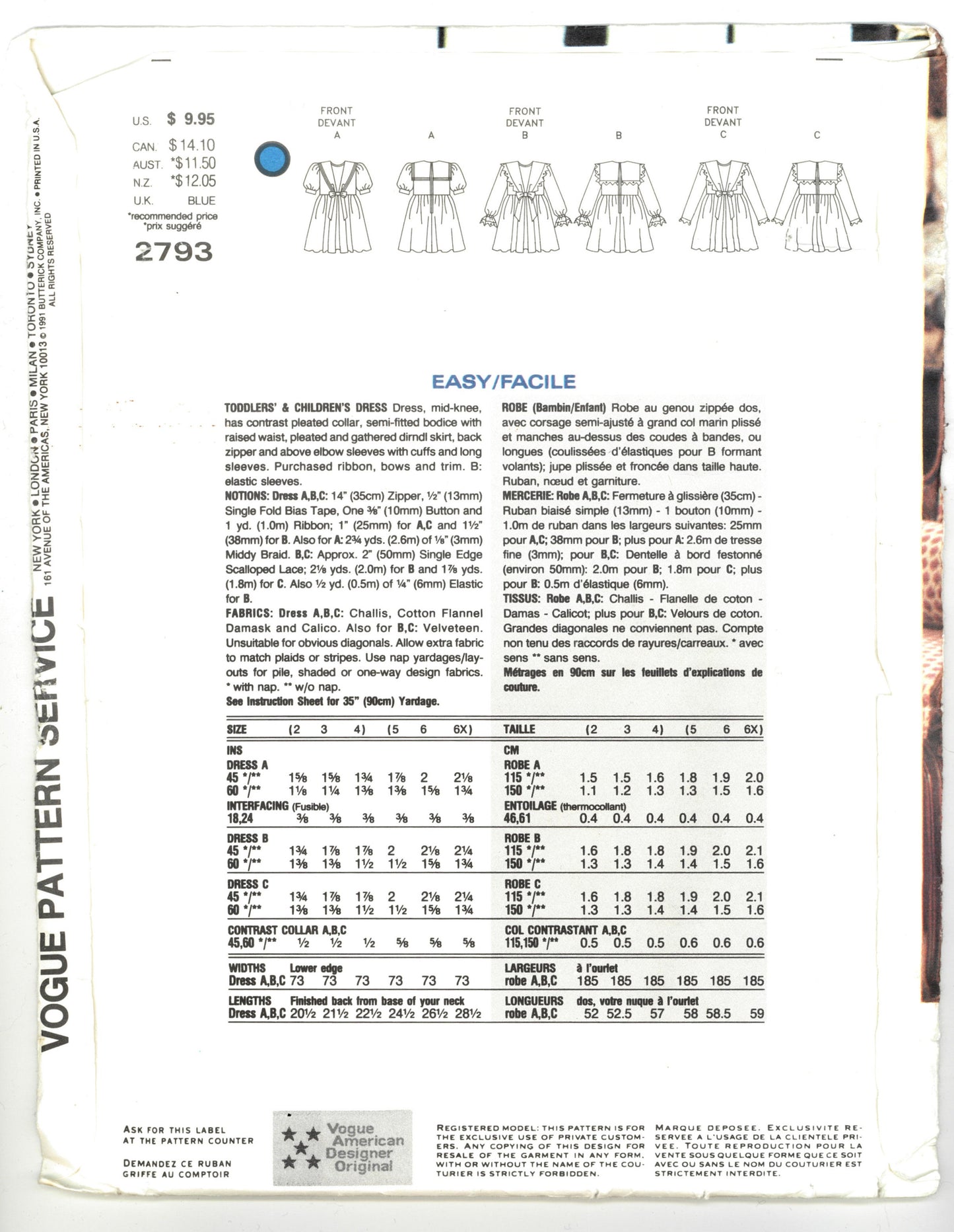 Vogue 2793 Florence Eiserman Little Vogue Toddlers and Childrens Dress Sewing Pattern  - UNCUT - Size 2 3 4