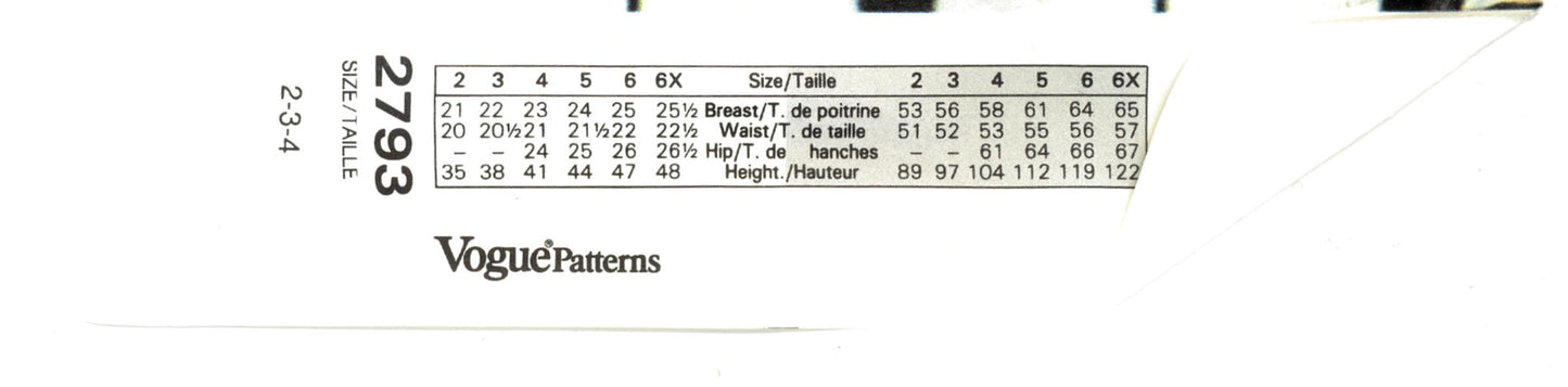 Vogue 2793 Florence Eiserman Little Vogue Toddlers and Childrens Dress Sewing Pattern  - UNCUT - Size 2 3 4