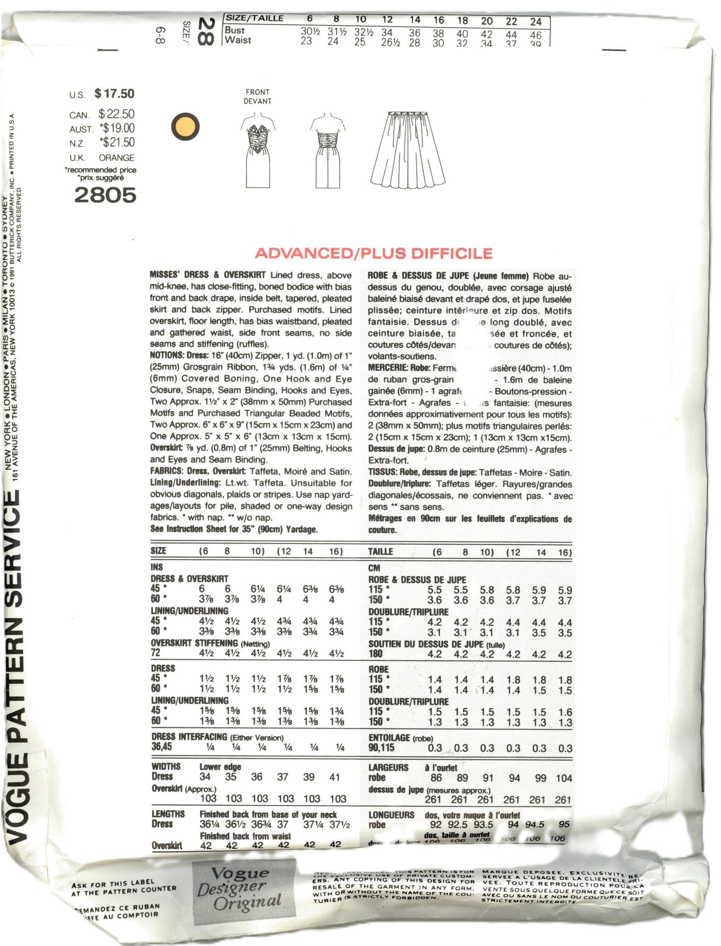 Vogue 2805 Bellville Sassoon Misses Dress and Overskirt Sewing Pattern  UNCUT -  Size 6 8 10
