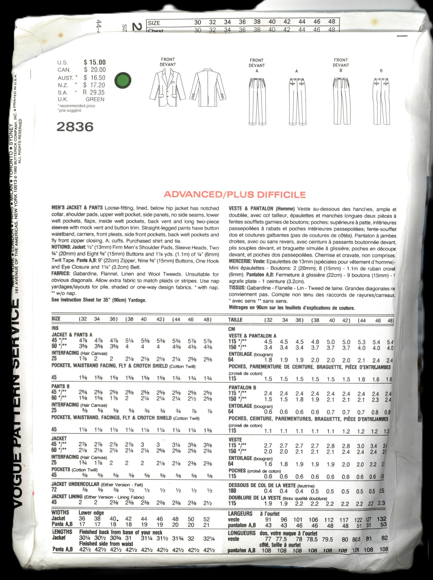 Vogue 2836 Mens Jacket and Pants Sewing Pattern - UNCUT Size 32 34 36 or Size 44 46 48