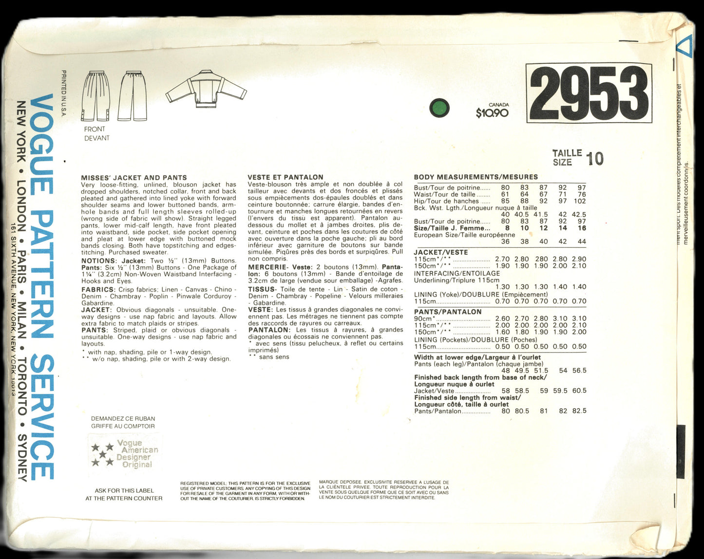 Vogue 2953 ADRI Misses Jacket and Pants Sewing Pattern - UNCUT - Size 10