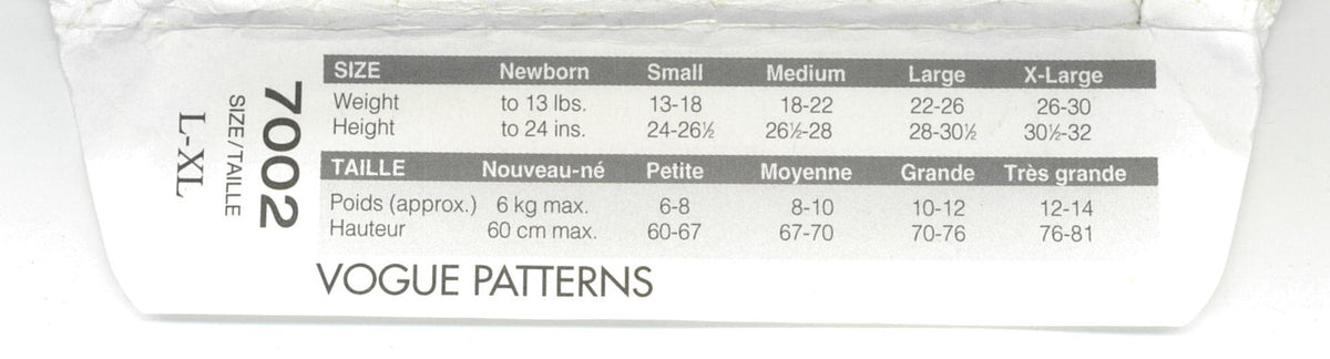 Vogue 7002 Infants Gown Jumpsuit Romper Hat Diaper Cover Bib & Towel Sewing Pattern - UNCUT - Size L, XL