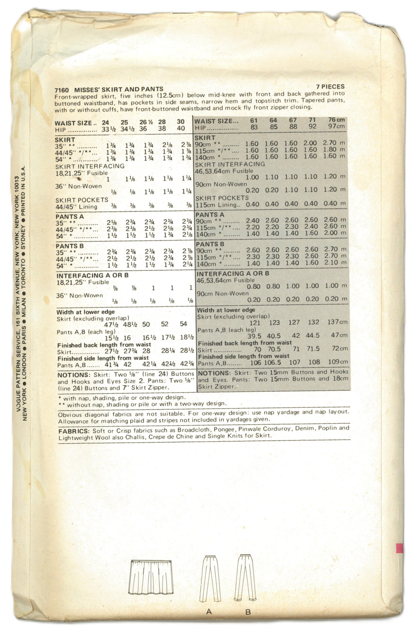 Vogue 7160 Misses Skirt and Pants Sewing Pattern - UNCUT - Size 28