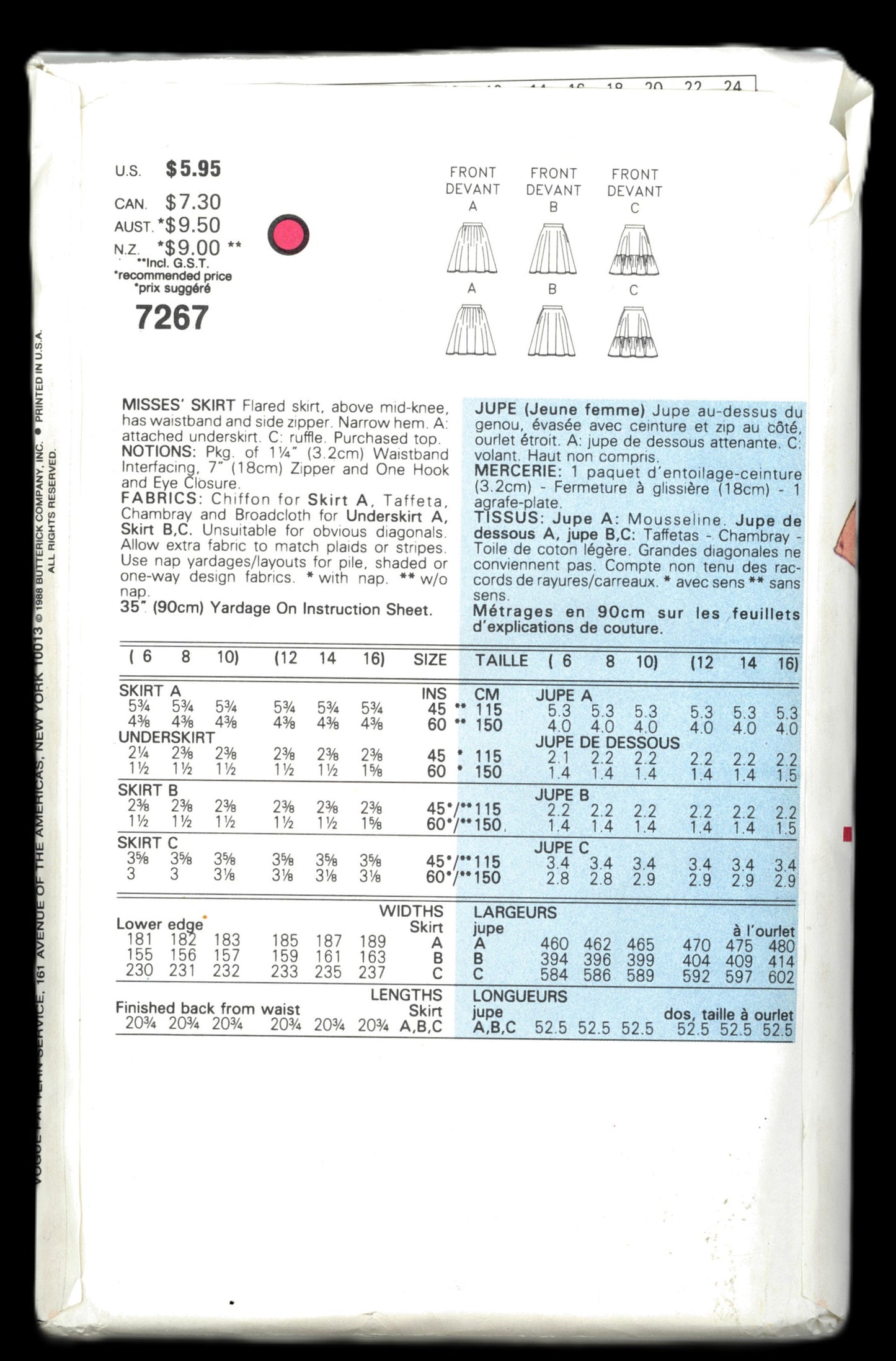 Vogue 7267 Misses Skirt Sewing Pattern - UNCUT - Size 12 14 16