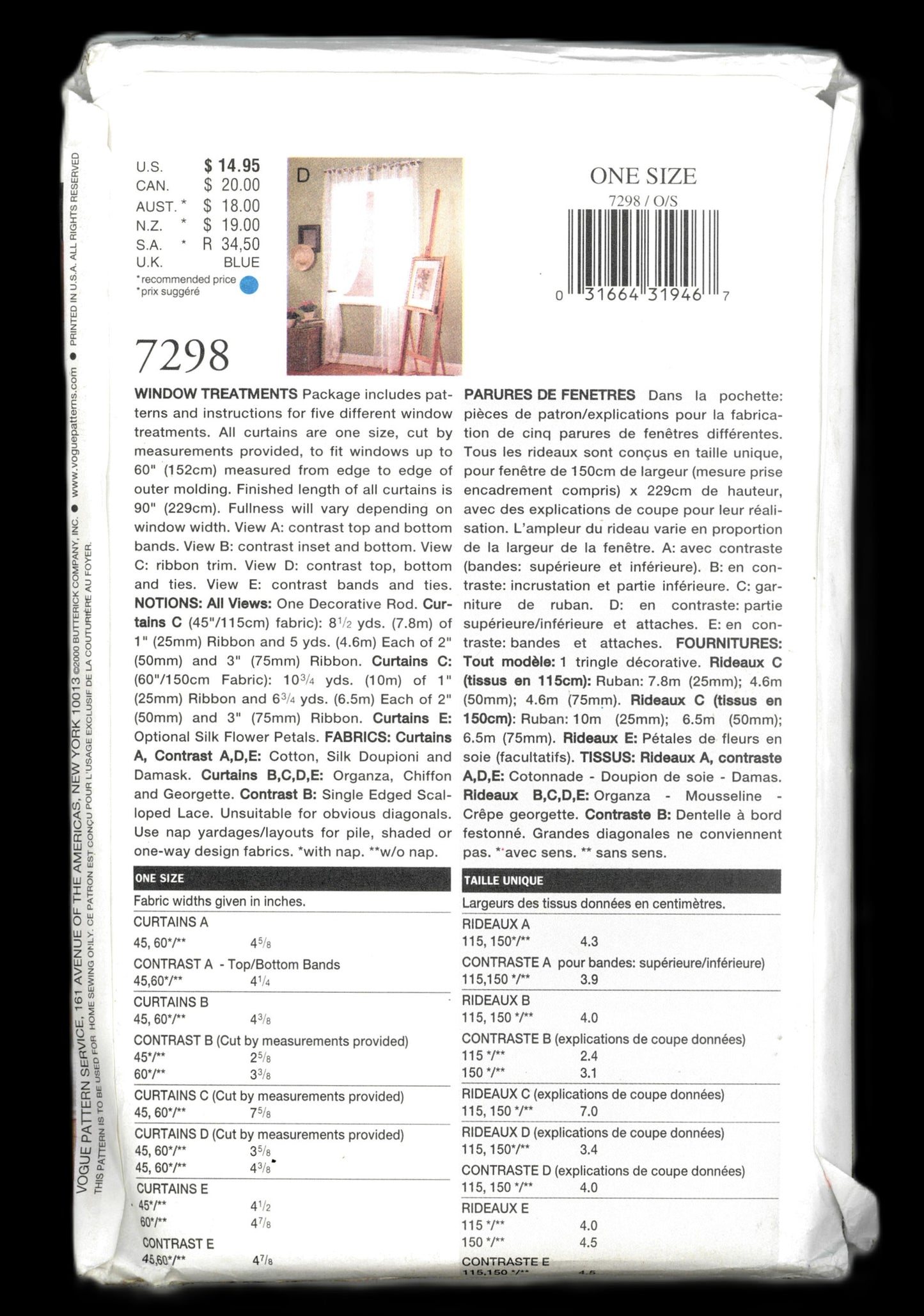 Vogue 7298 Patterns for living Window Treatments Sewing Pattern - UNCUT