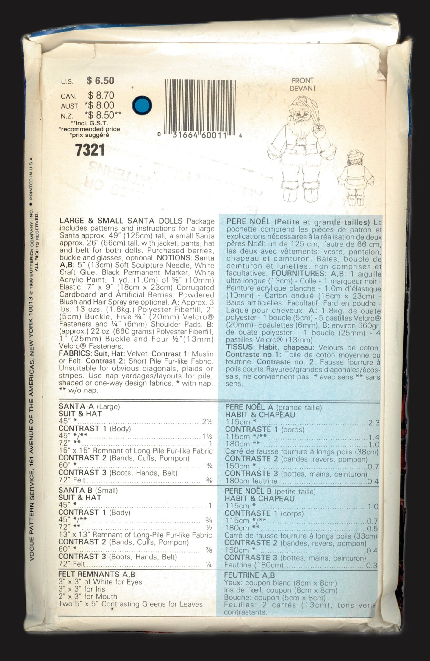 Vogue 7321 Linda Carr Large & Small Santa Dolls Sewing Pattern - UNCUT