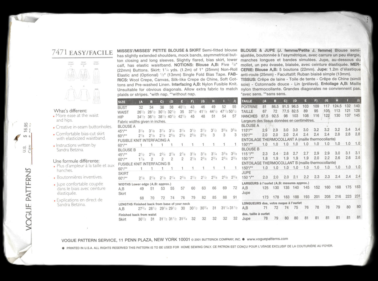 Vogue 7471 Sandra Betzina Misses / Misses Petite Blouse and Skirt Sewing Pattern - UNCUT - Size D E F