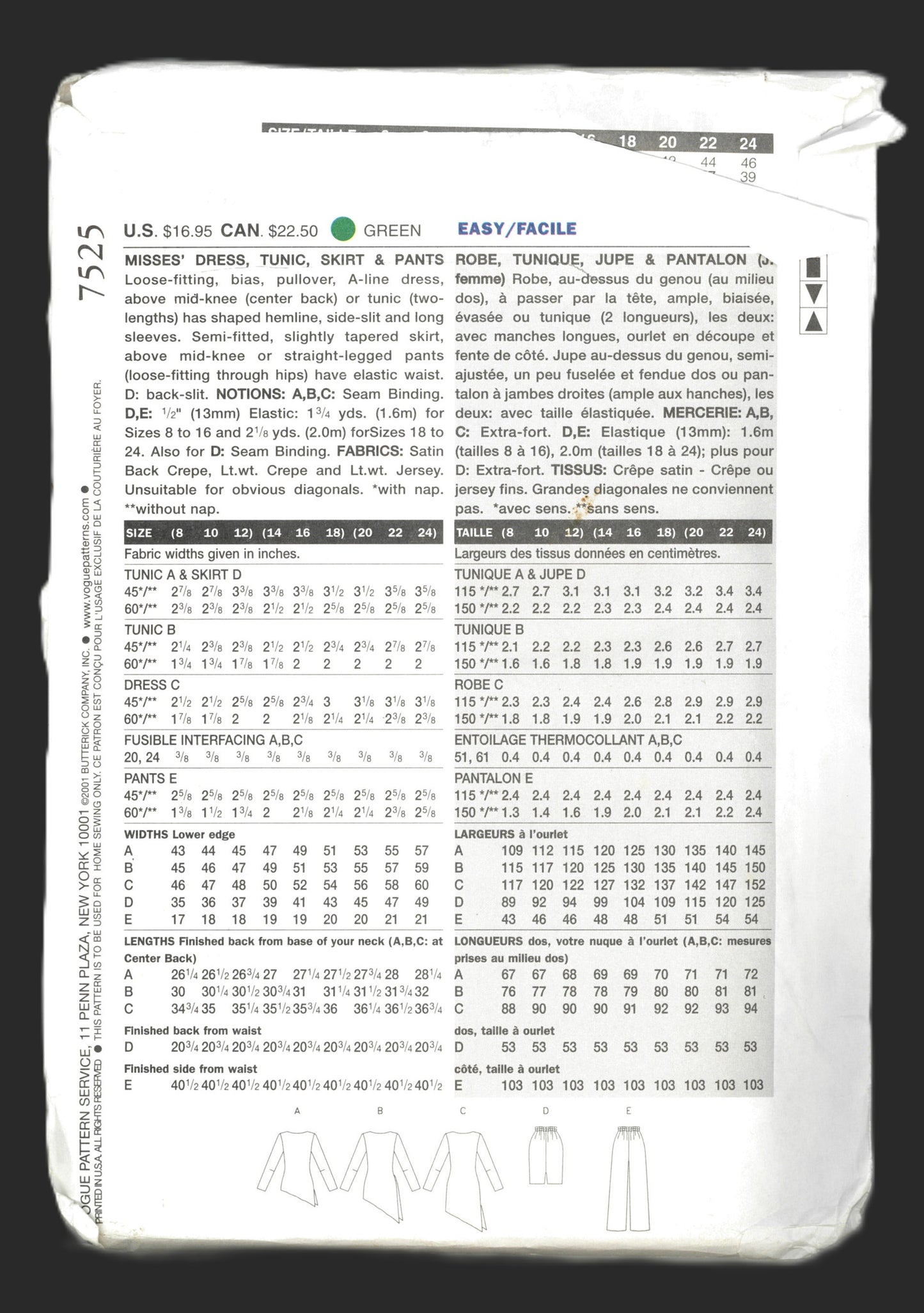 Vogue 7525 Misses Dress Tunic Skirt and Pants Sewing Pattern - UNCUT - Size 20 22 24