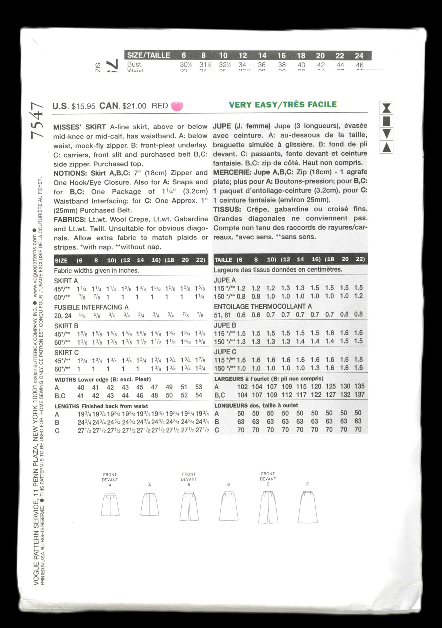 Vogue 7547 Misses Skirt Sewing Pattern - UNCUT -  Size 12 14 16