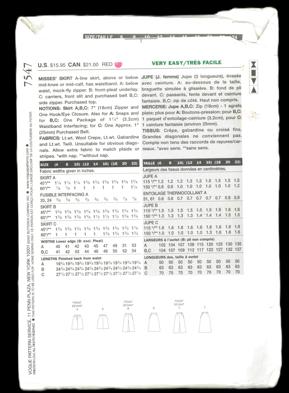 Vogue 7547 Misses Skirt Sewing Pattern UNCUT Size 6 8 10