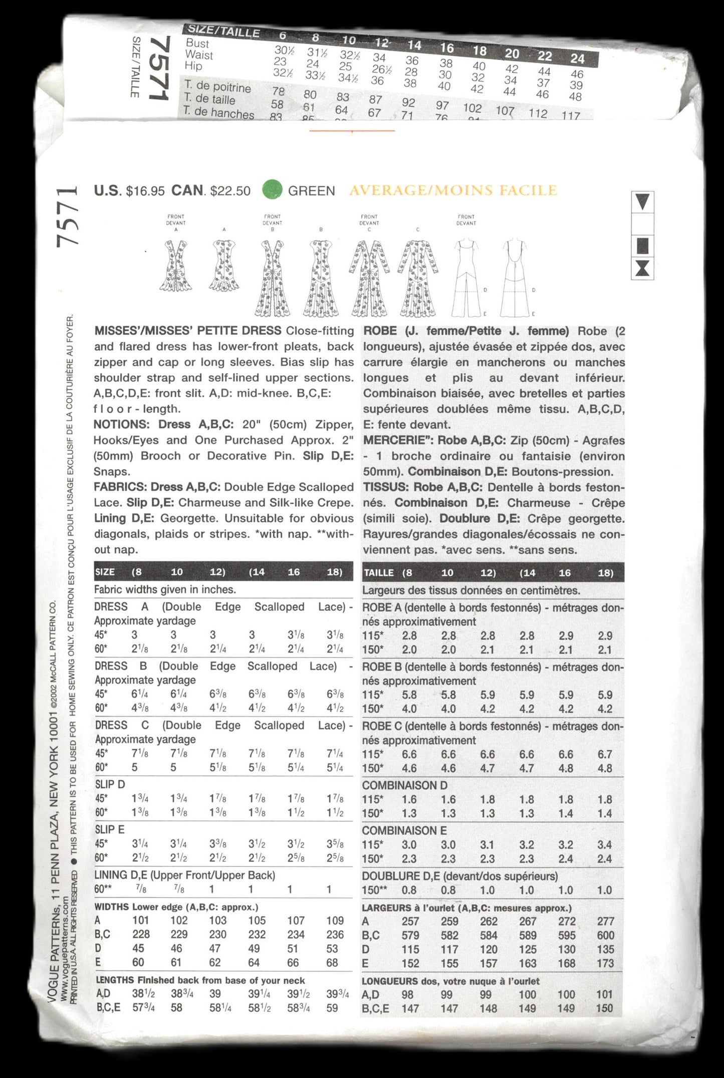 Vogue 7571 Misses / Misses Petite Dress Sewing Pattern UNCUT Size 8 10 12