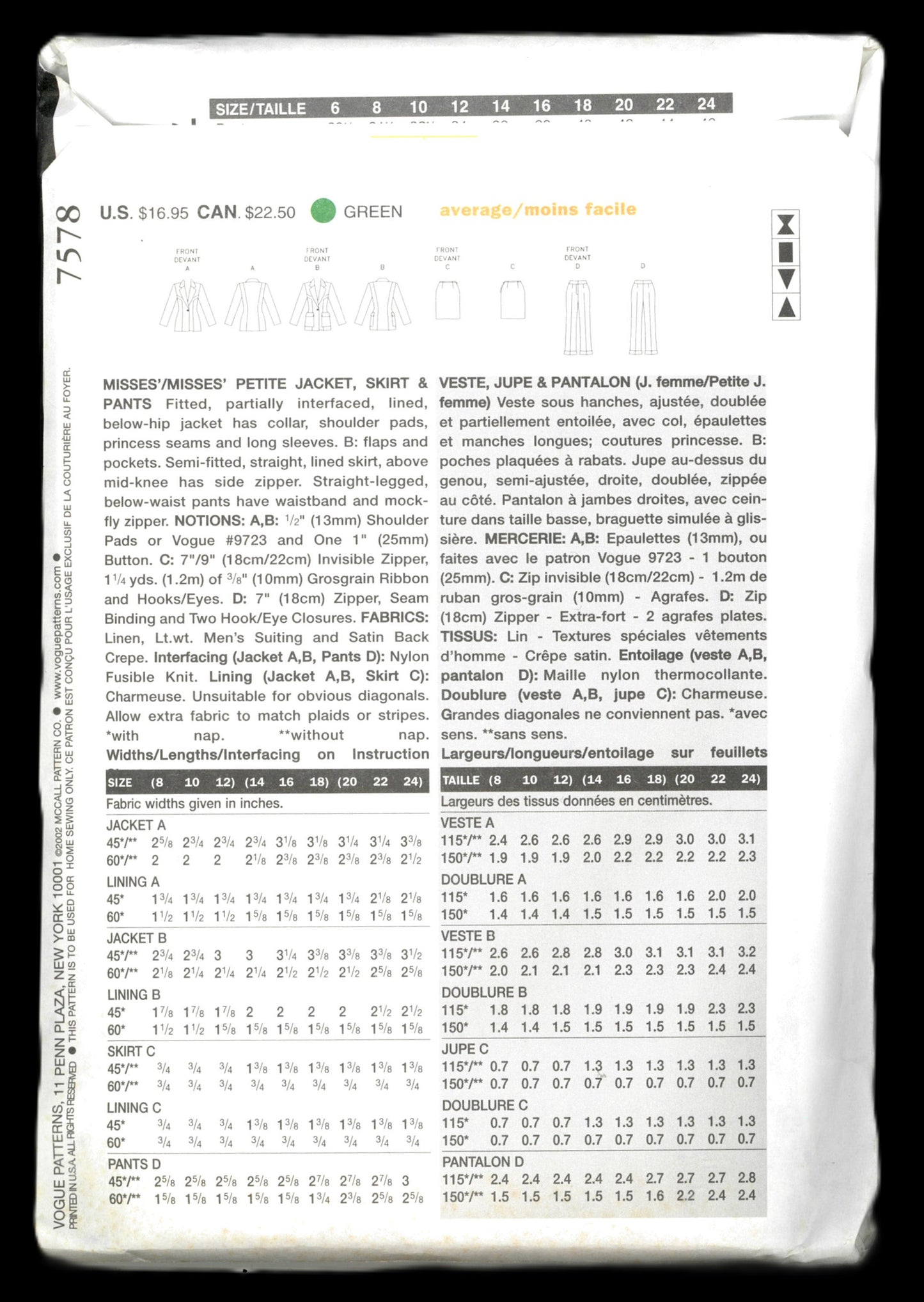 Vogue 7578 The Vogue Woman Misses / Misses Petite Jacket Skirt and Pants Sewing Pattern - UNCUT - Size 8 10 12