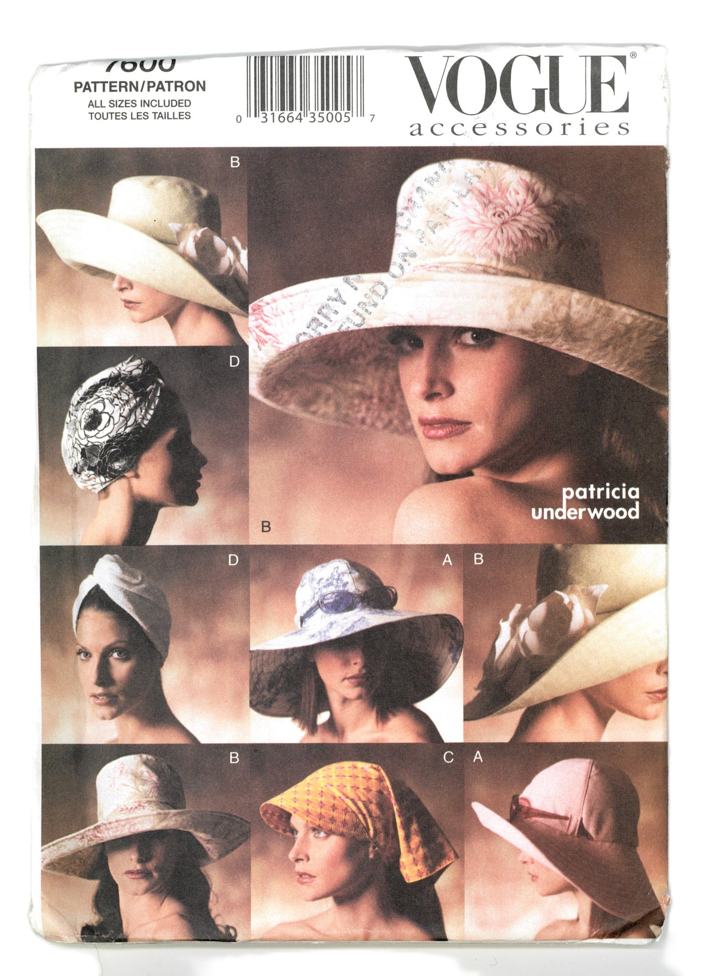 Vogue 7600 Patricia Underwood Misses Hats Sewing Pattern - UNCUT