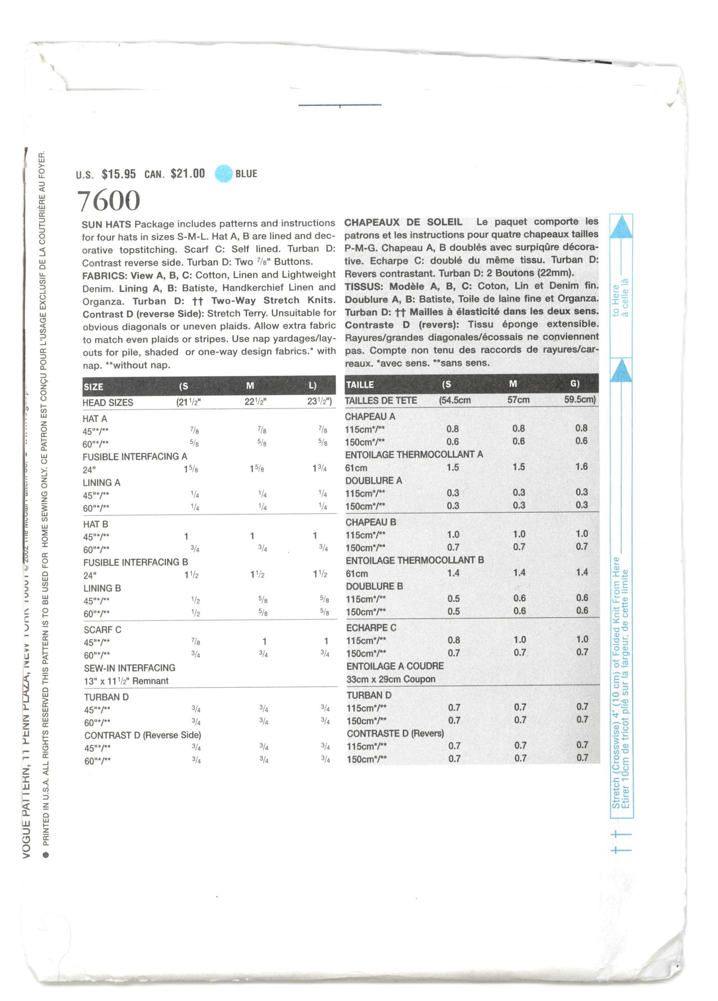 Vogue 7600 Patricia Underwood Misses Hats Sewing Pattern - UNCUT