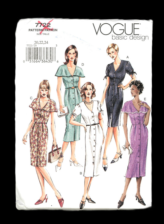 Vogue 7722 Misses/ Misses Petite Dress Sewing Pattern UNCUT Size 20 22 24