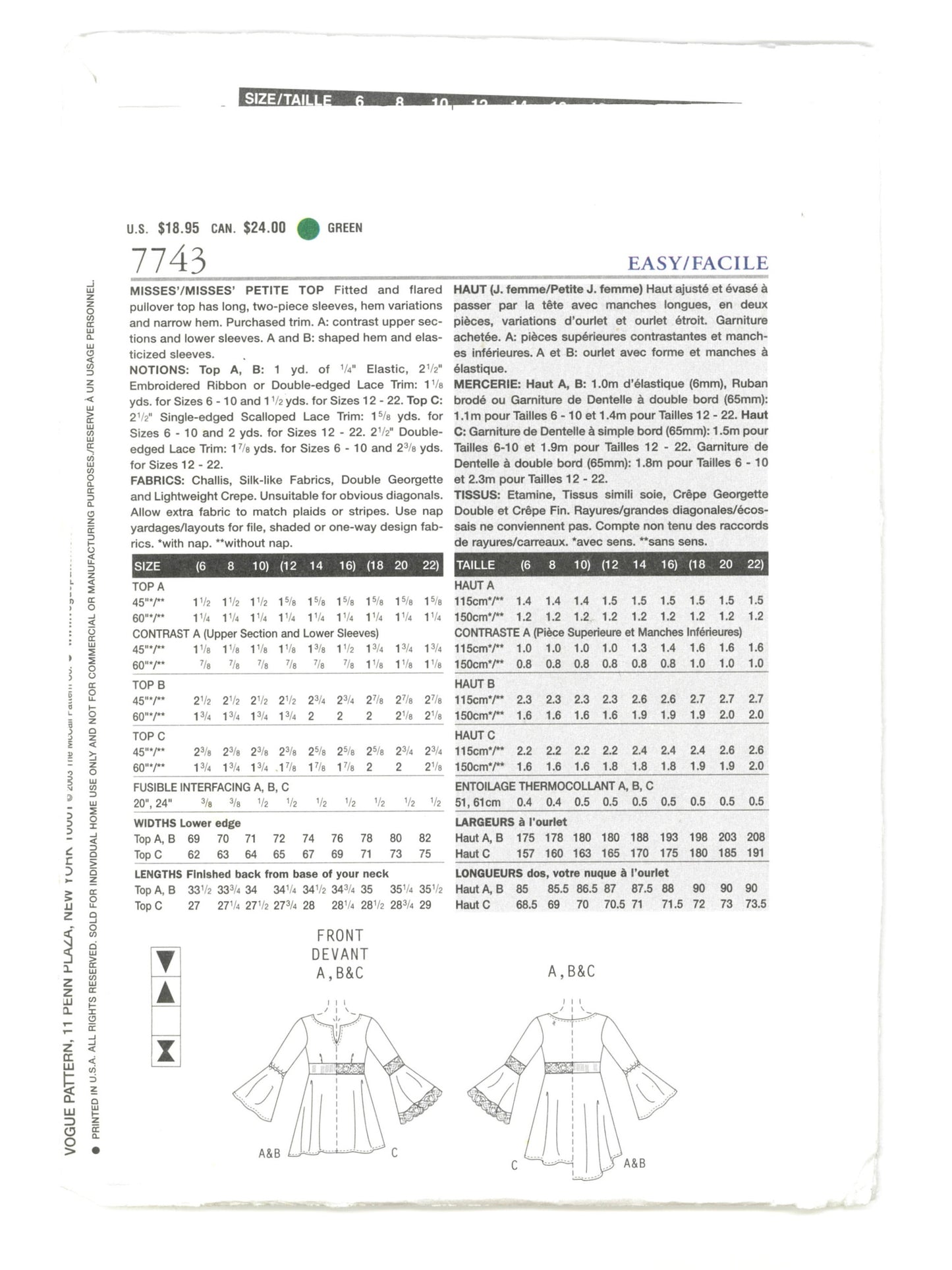 Vogue 7743 Misses/ Misses Petite Top Sewing Pattern - UNCUT - Size 12 14 16