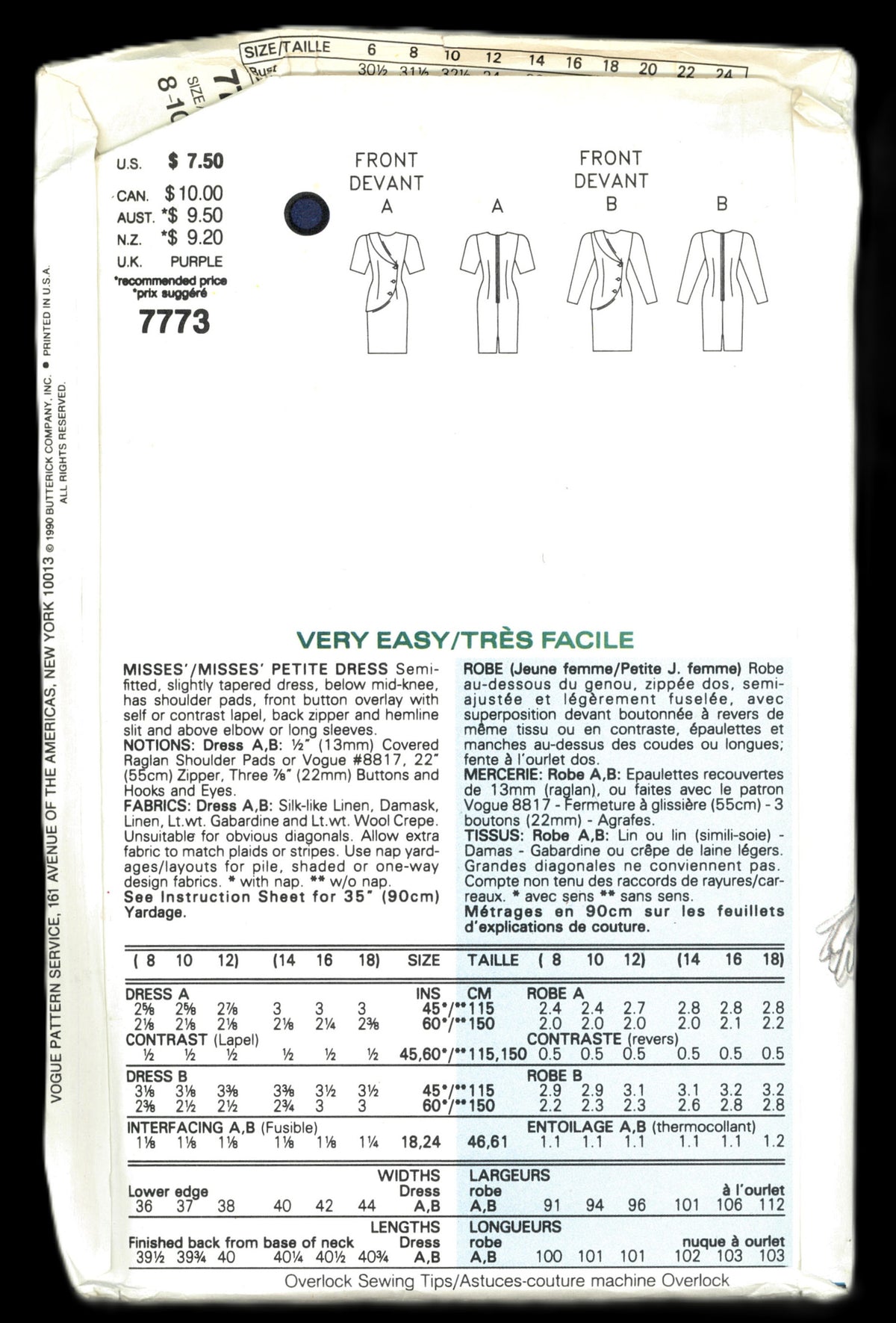 Vogue 7773 Misses / Misses Petite Dress Sewing Pattern UNCUT Size 8 10 12