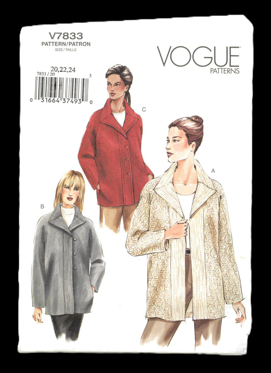 Vogue 7833 Misses / Miss Petite Jacket Sewing Pattern UNCUT  Size 20 22 24