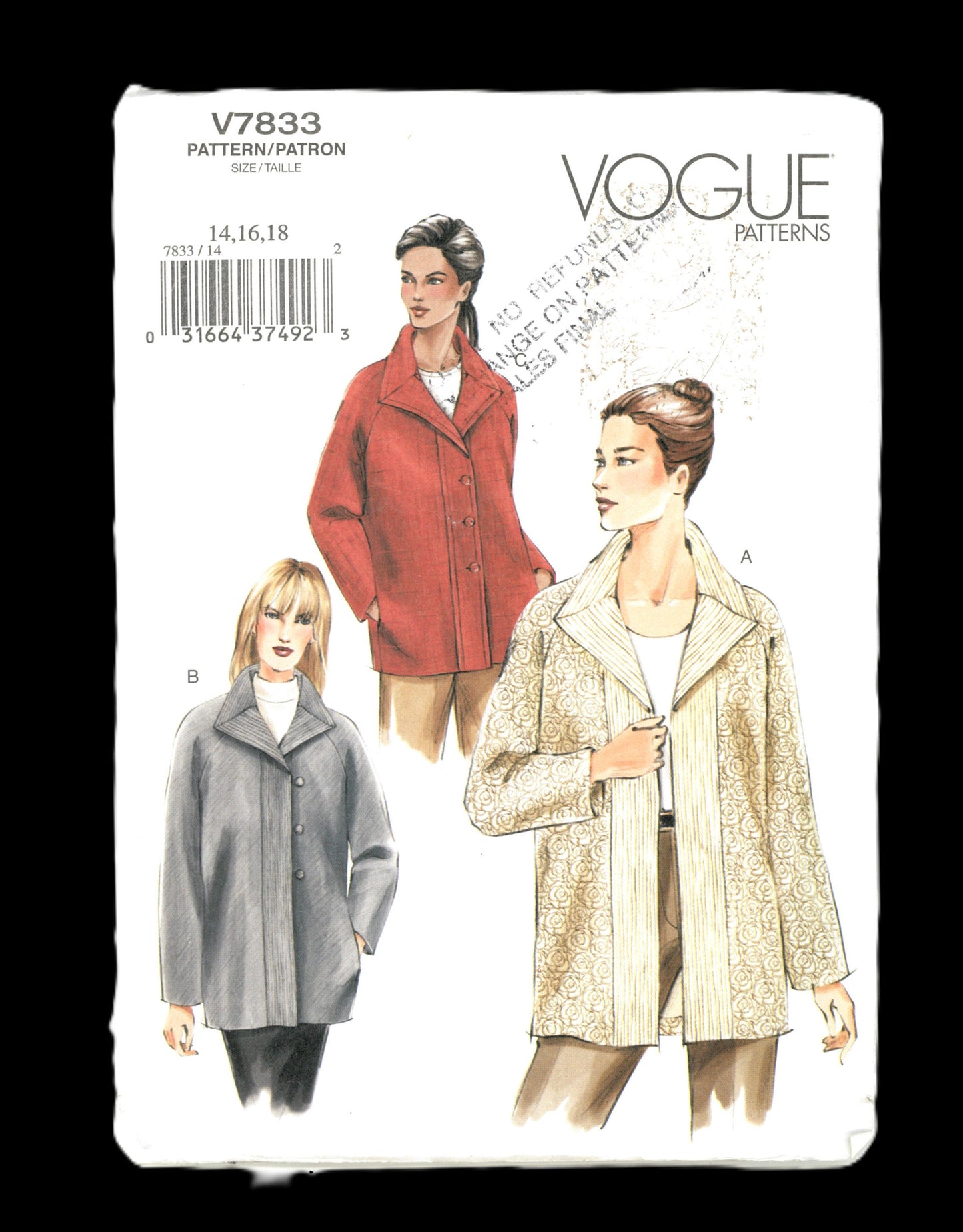 Vogue 7833 Misses / Miss Petite Jacket Sewing Pattern UNCUT Size 14 16 18 or Size 20 22 24
