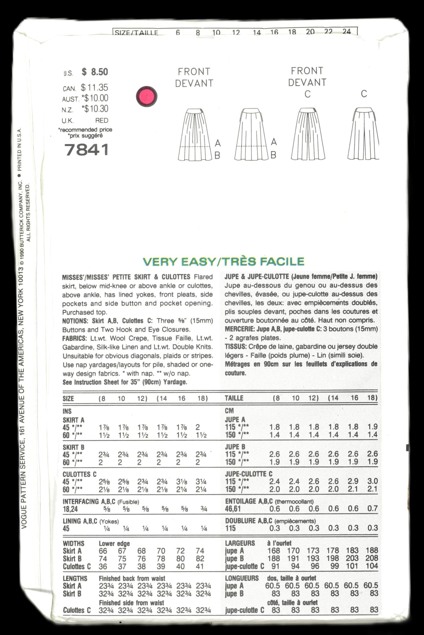 Vogue 7841 Misses Split Skirt and Culottes Sewing Pattern - UNCUT - Size 8 10 12