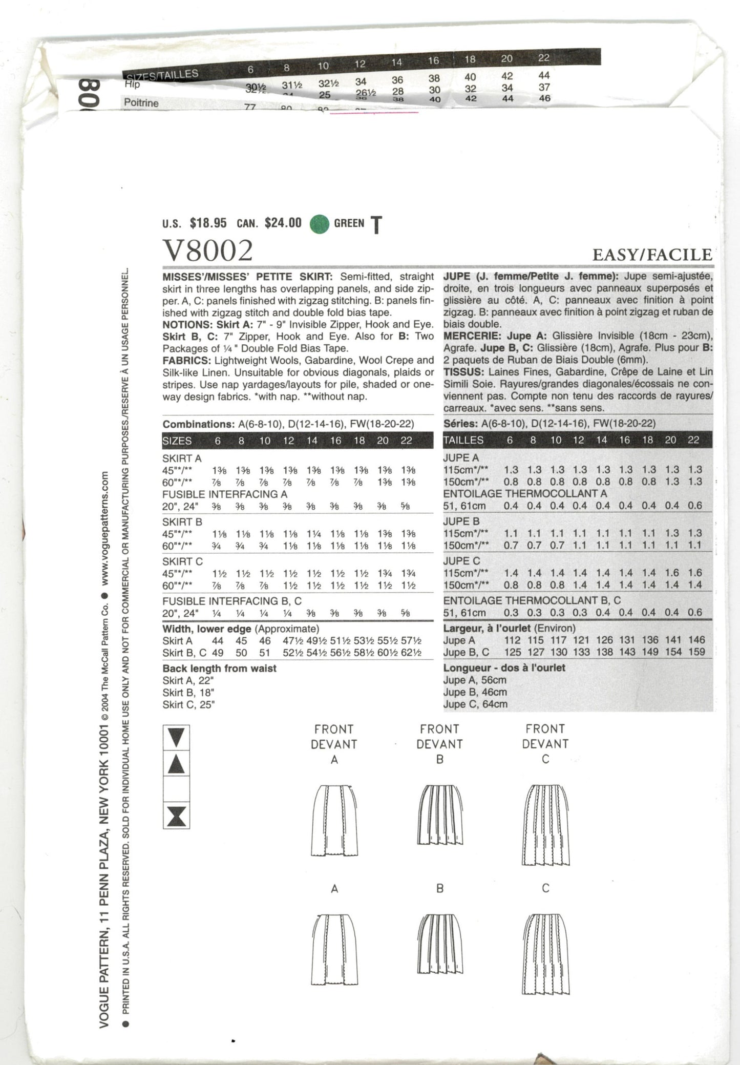 Vogue 8002 Misses Skirts Sewing Pattern  - UNCUT -  Size 18 20 22