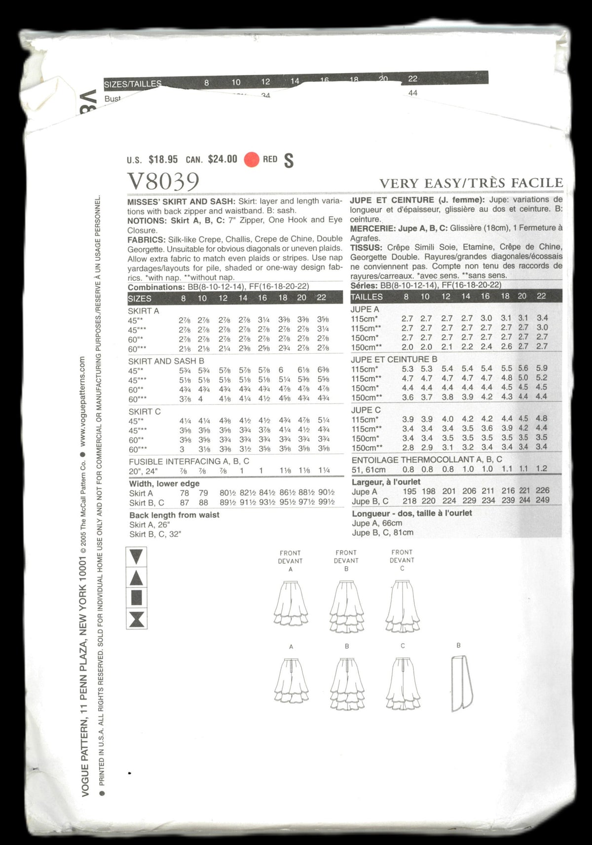 Vogue 8039 Misses Skirt and Sash Sewing Pattern - UNCUT - Size 16 18 20 22
