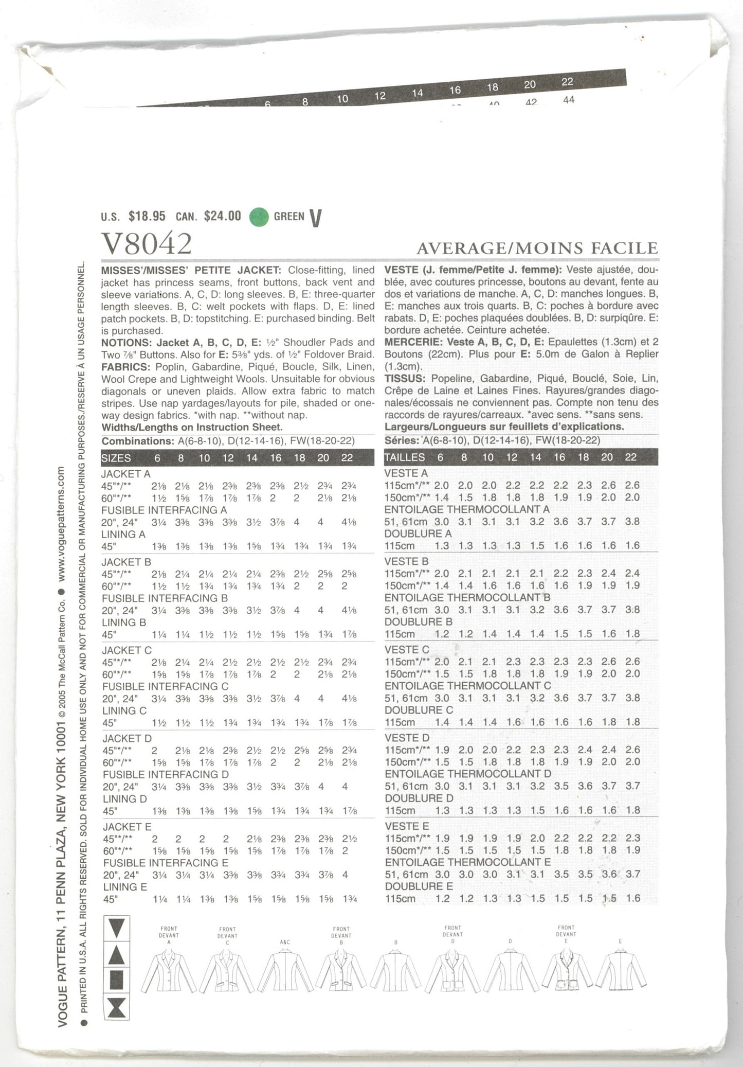 Vogue 8042 Misses / Miss Petite Jacket Sewing Pattern UNCUT  Size 12 14 16