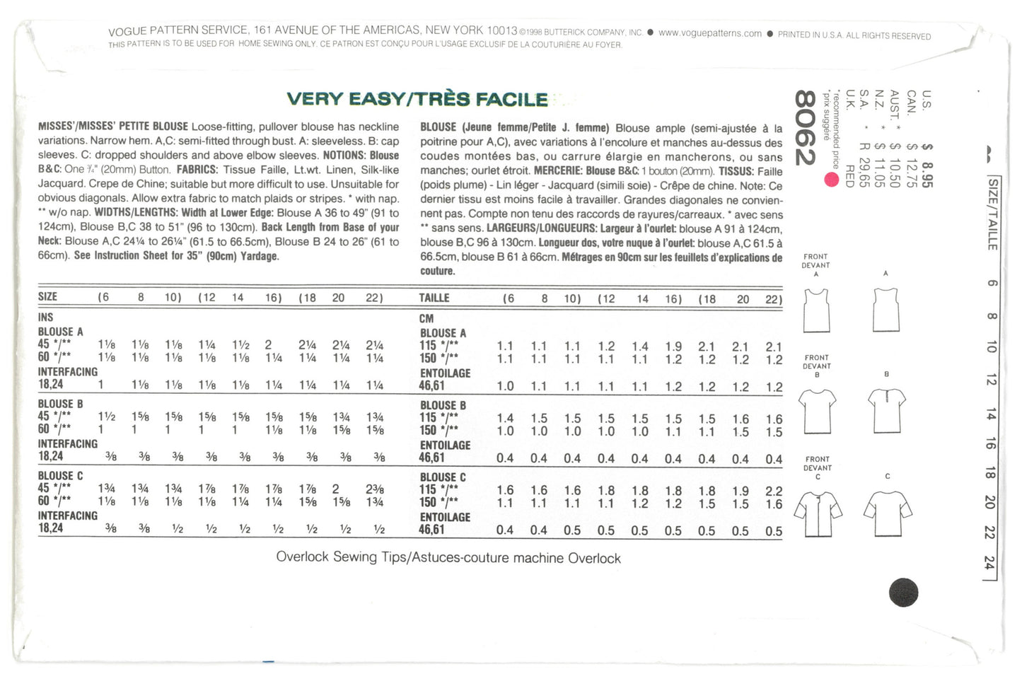 Vogue 8062 Misses / Miss Petite Blouse Sewing Pattern - UNCUT - Size 12 14 16