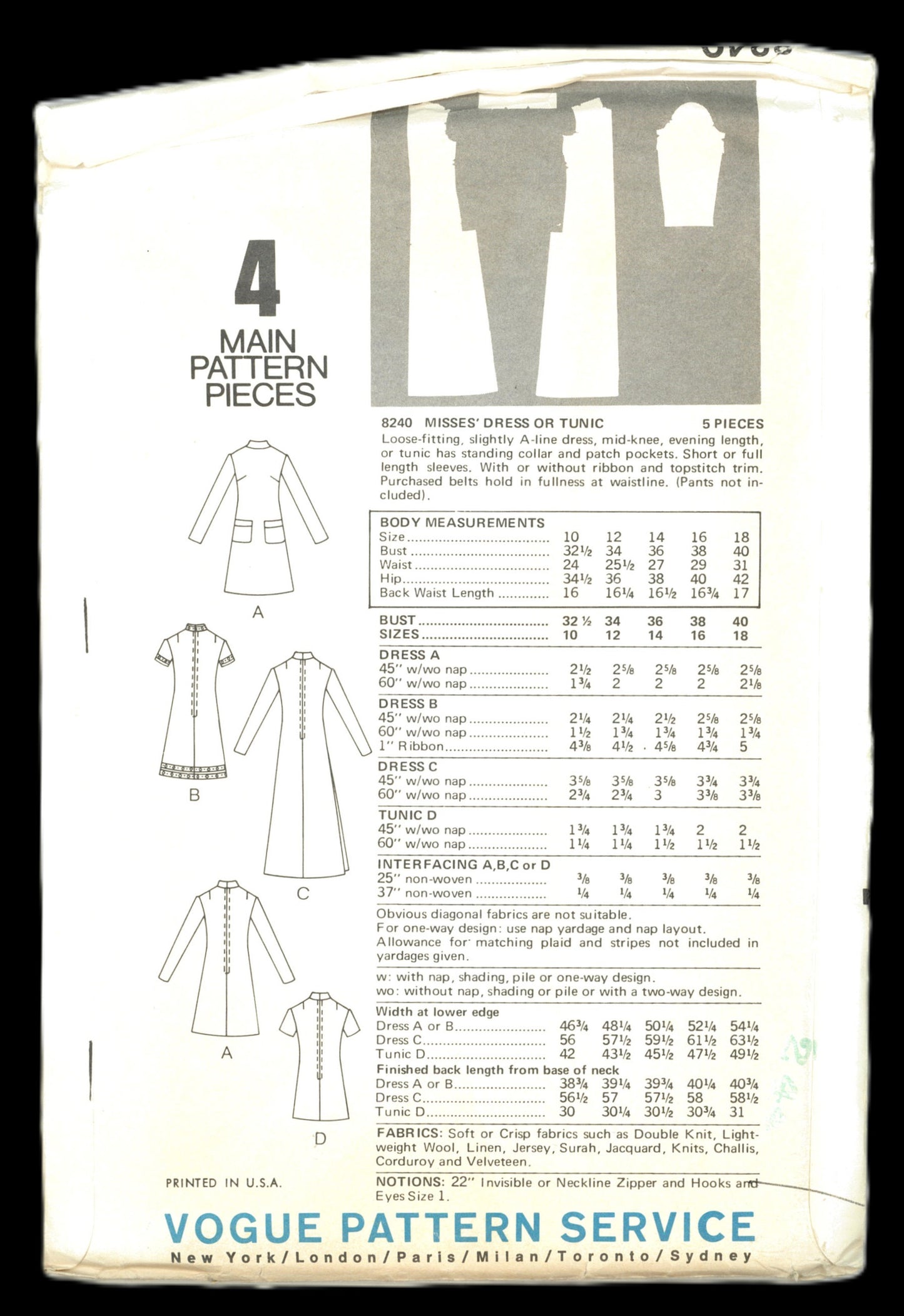 70s Vogue 8240 Misses Dress or Tunic Sewing Pattern - UNCUT - Size 10 Bust 32 1/2