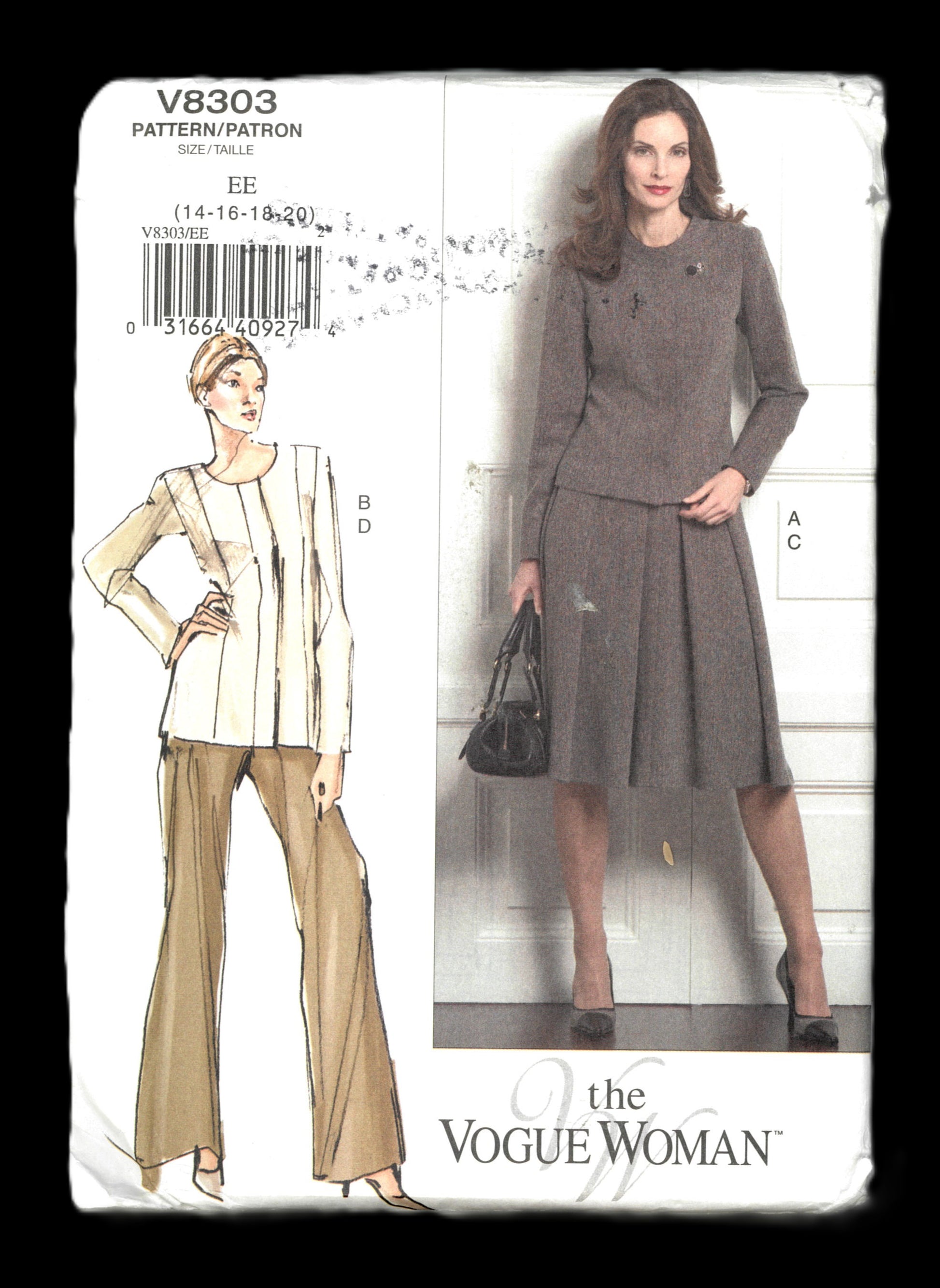 Vogue 8303 Jacket SKirt and Pants Sewing Pattern. Vogue Woman sewing pattern packaging with a woman wearing a suit and pants.