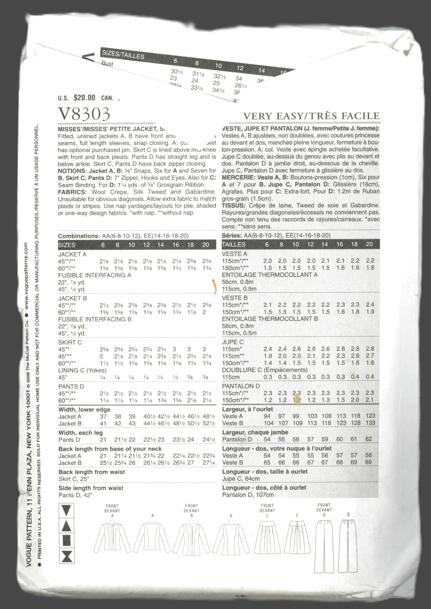 Vogue V8303 Jacket SKirt and Pants Sewing Pattern