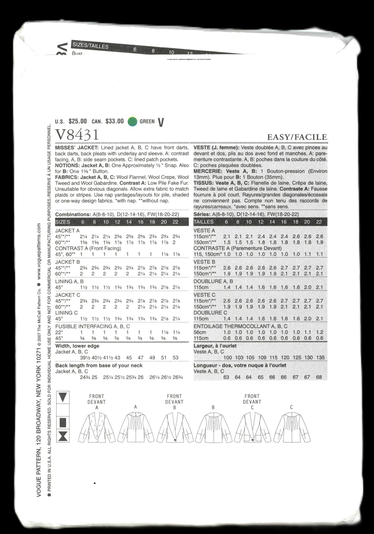 Vogue 8431 Misses Jacket Sewing Pattern - UNCUT - Size 12 14 16