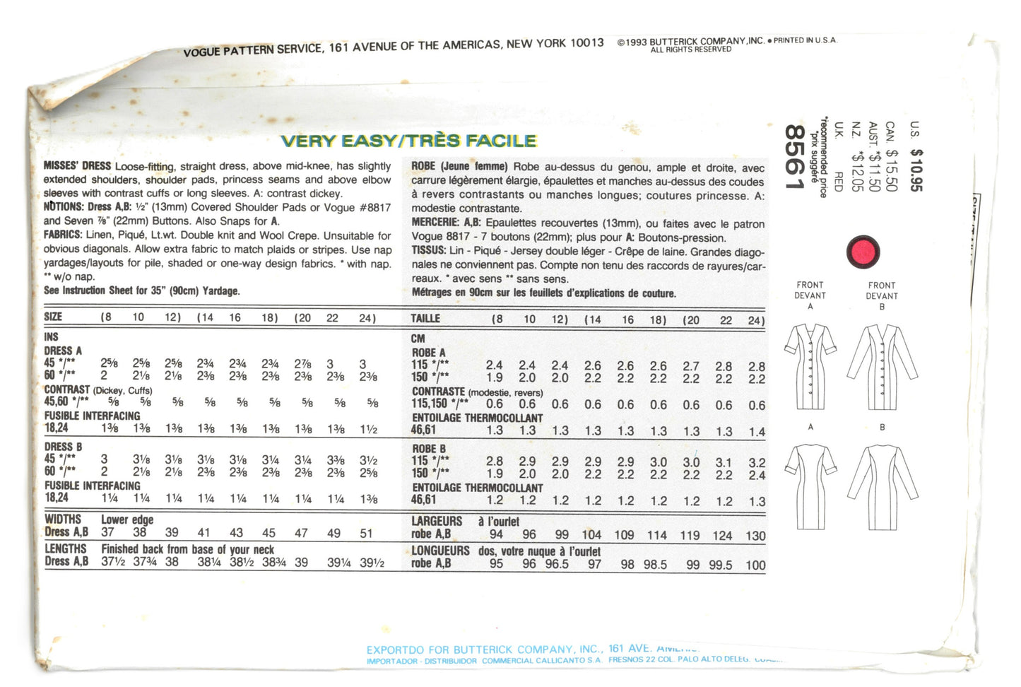 Vogue 8561 Misses Dress Sewing Pattern UNCUT Size 20 22 24
