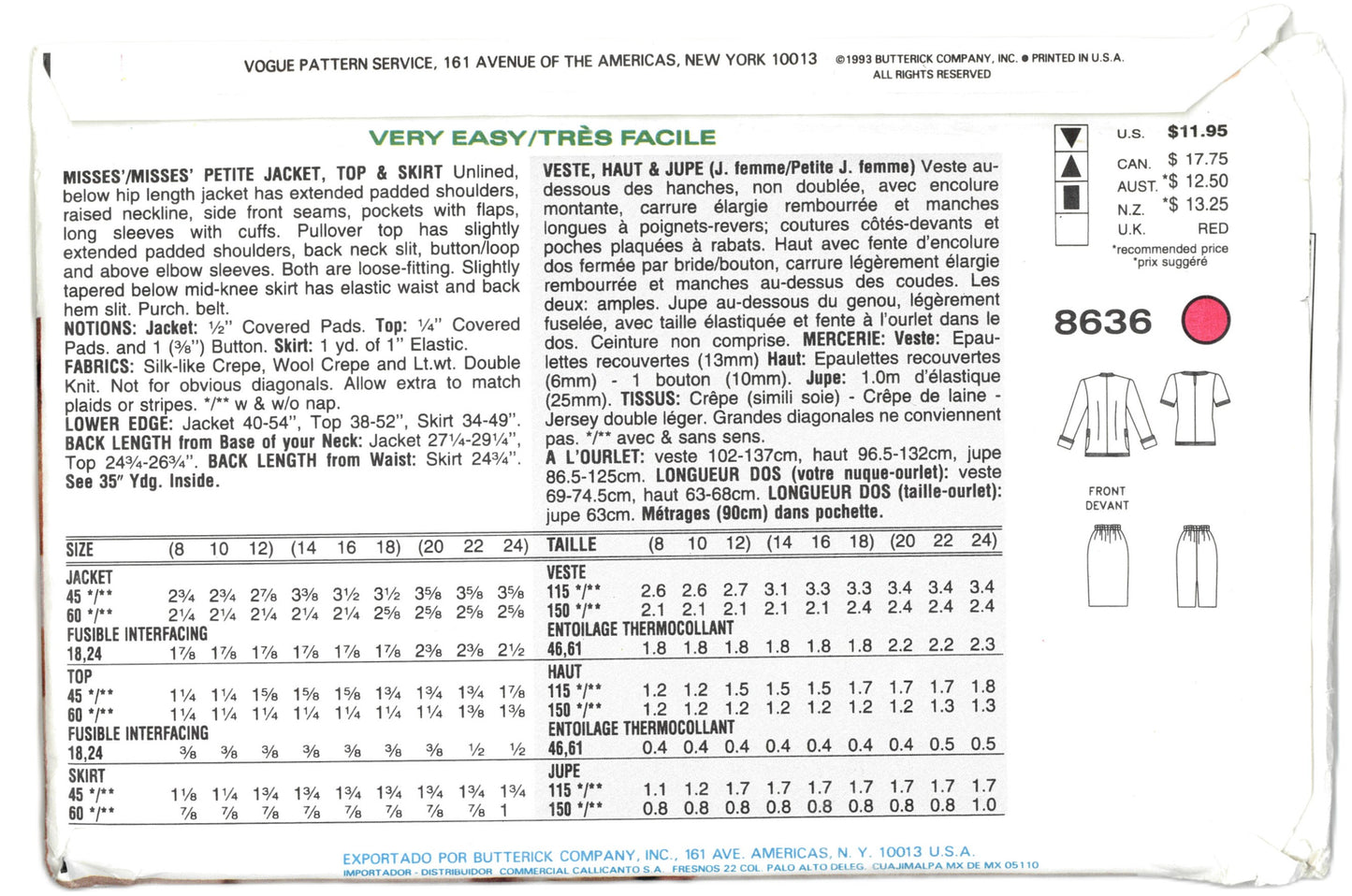 Vogue 8636 Misses / Misses Petite Jacket Top and Skirt Sewing Pattern - UNCUT - Size 8 10 12