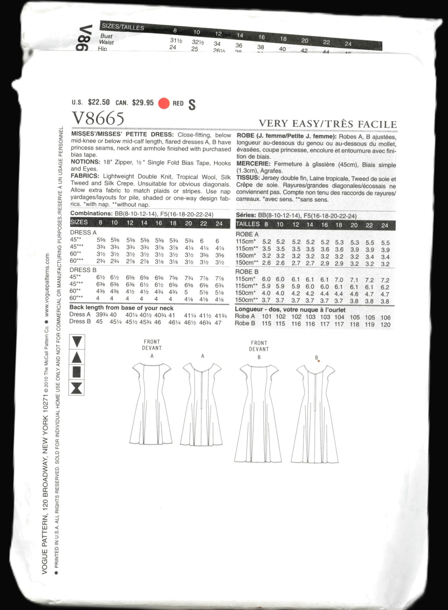 Vogue 8665 Misses / Misses Petite Dress Sewing Pattern UNCUT Size 8 10 12 14