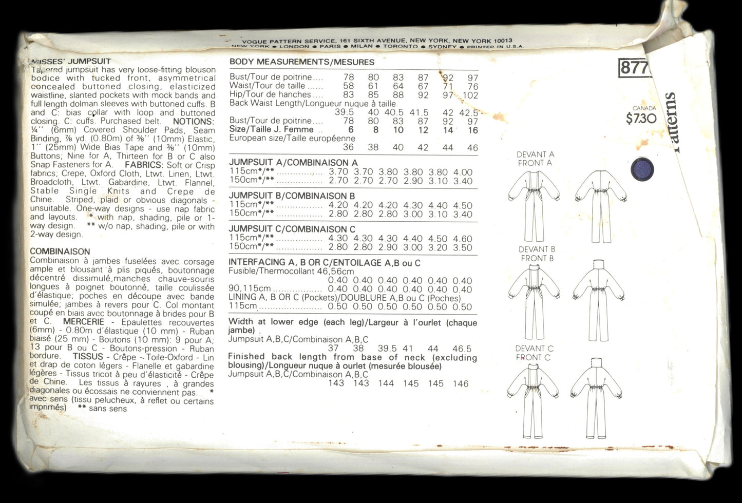 Vogue 8773 Misses Jumpsuit Sewing Pattern - UNCUT - Size 16